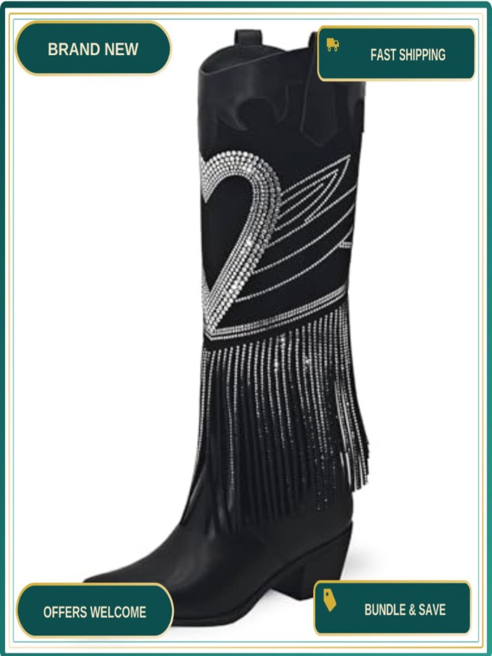 Rhinestone Embellished Fringe Cowgirl Boots Pointed Toe Chunky Heel Wide Calf